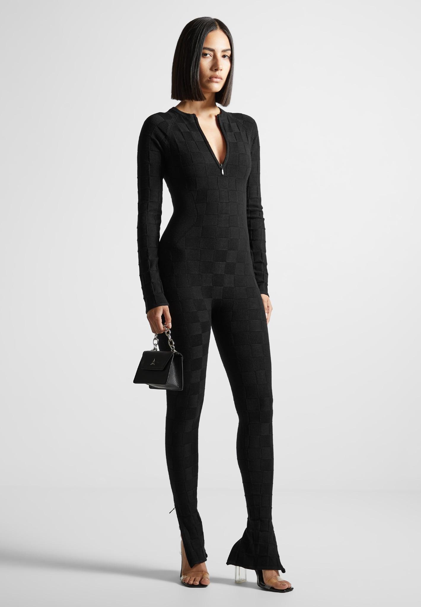 Chequerboard Knit Jumpsuit with Belt - Black Female Product Image