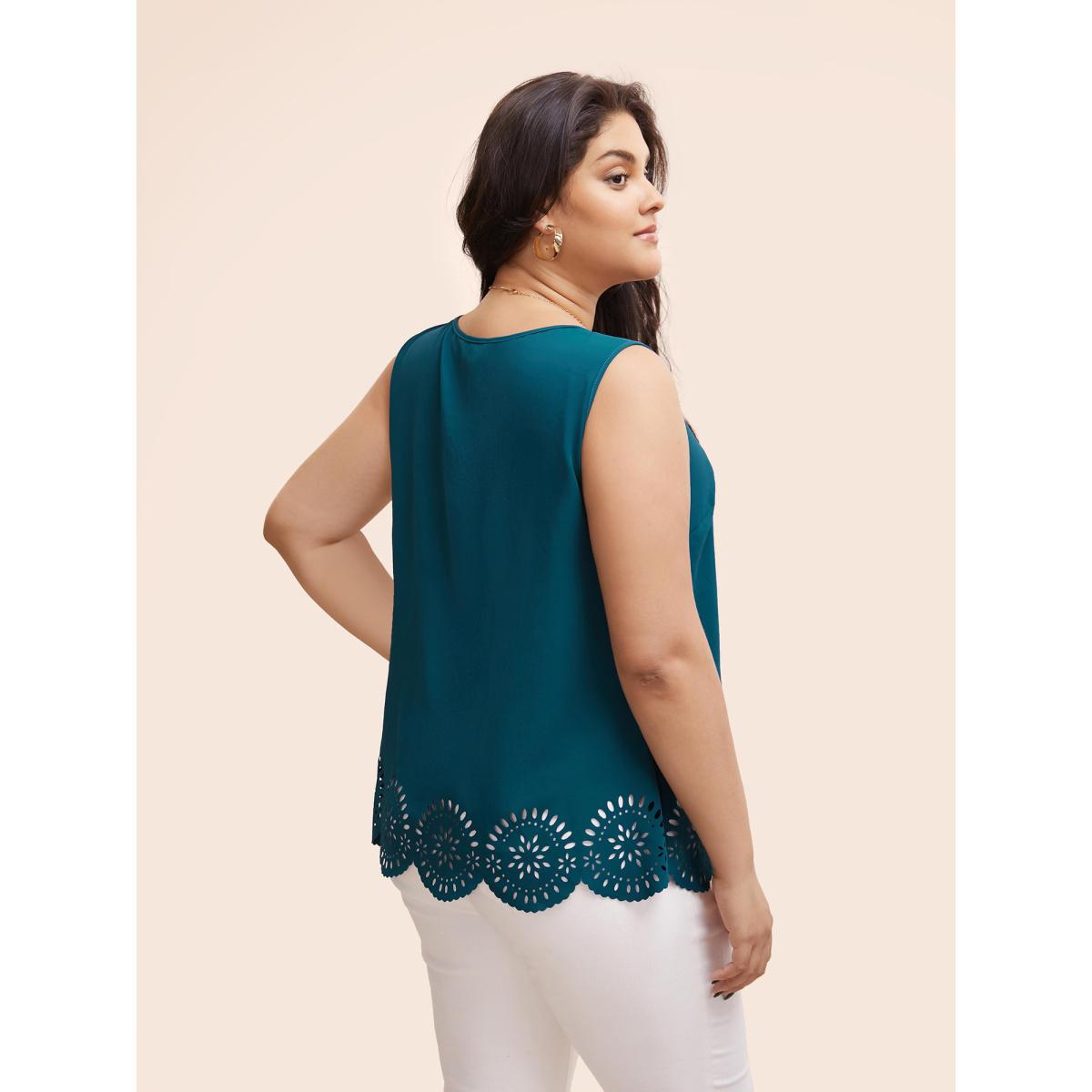 Plus Size Solid Crew Neck Laser Cut Tank Top Women Aegean Elegant Cut-Out Round Neck Everyday Tank Tops Camis BloomChic 14-16/1X Product Image