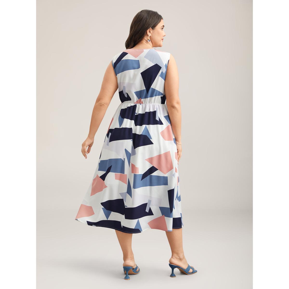 Plus Size Shapes Pattern Keyhole Pockets Midi Dress Multicolor Women Elegant Cut-Out Round Neck Sleeveless Curvy BloomChic 28/5X Product Image