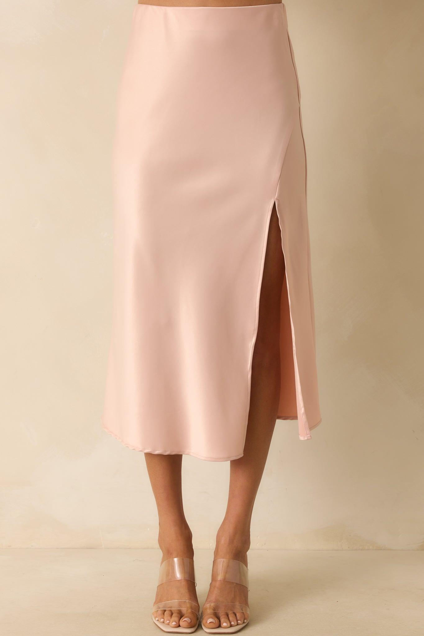 Park Avenue Glam Blush Pink Satin Midi Skirt Product Image