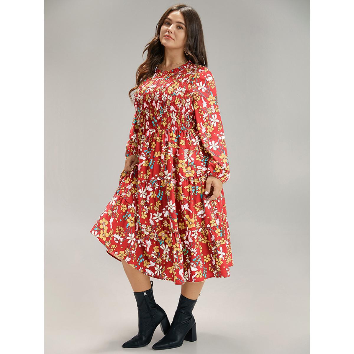 Plus Size Floral Print Keyhole Shirred Dress Salmon Women Elegant Elastic cuffs Mock Neck Long Sleeve Curvy Midi Dress BloomChic 18-20/2X Product Image