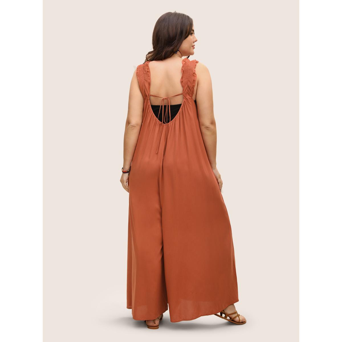 Plus Size Rust Rayon Ruffle Trim Gathered Tie Knot Jumpsuit Women Resort Sleeveless V-neck Vacation Loose Jumpsuits BloomChic 26/4X Product Image