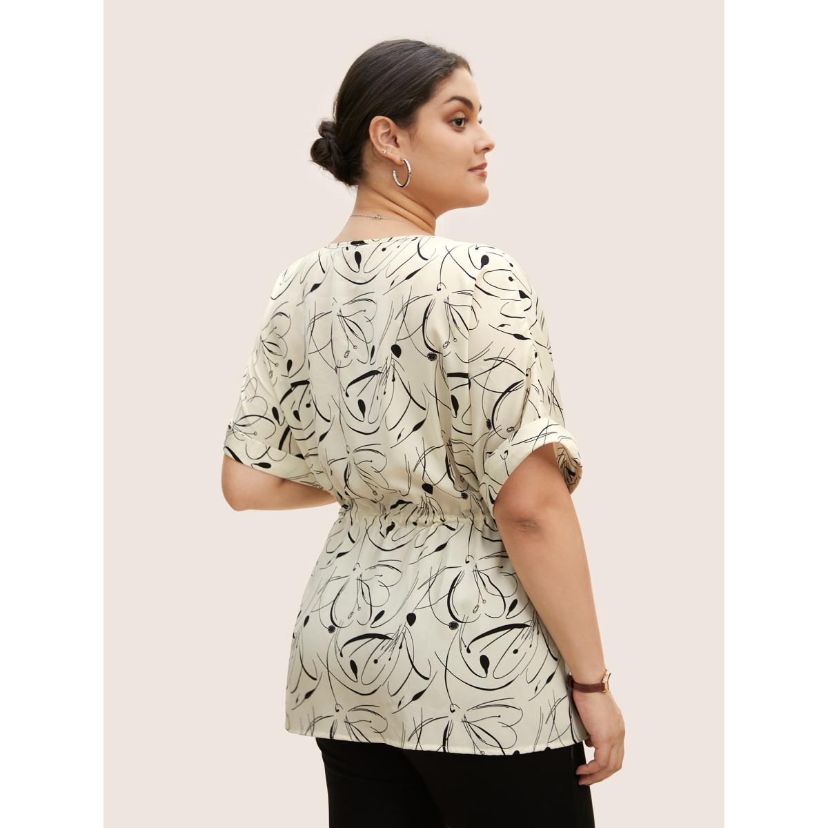 Plus Size Ivory Geometric Print Drawstring Cuffed Sleeve Blouse Women Work From Home Short sleeve V-neck Work Blouses BloomChic 12/L Product Image