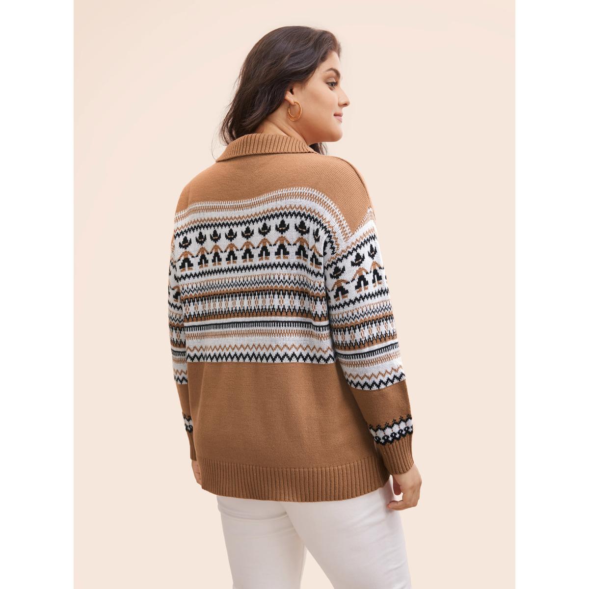 Plus Size Fair Isle Half Zipper Design Pullover Yellowishbrown Women Casual Long Sleeve Lapel Collar Everyday Pullovers BloomChic 14-16/1X Product Image