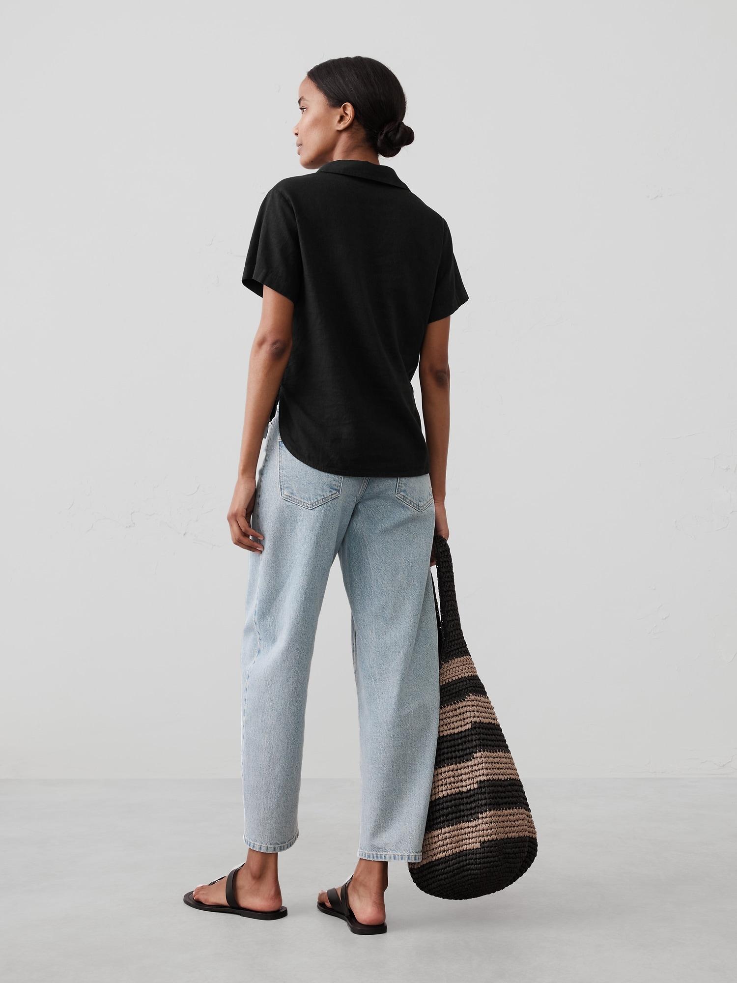 Linen-Blend Collared Top Product Image