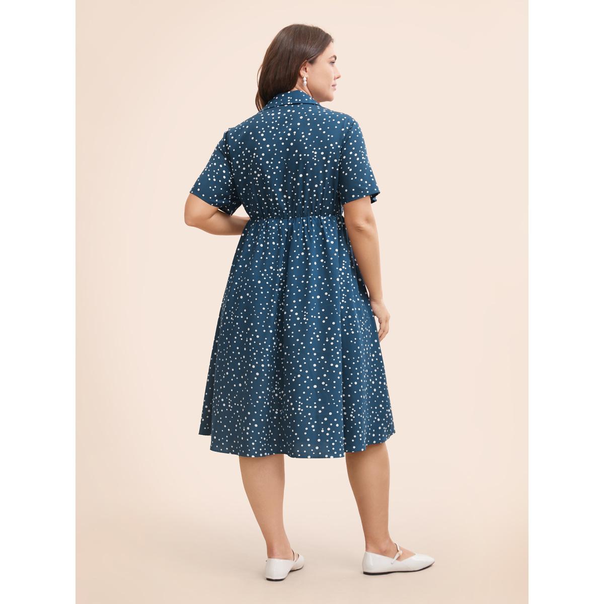 Plus Size Polka Dot Button Detail Split Hem Midi Dress Aegean Women Elegant Button Shirt collar Short sleeve Curvy BloomChic 22-24/3X Product Image