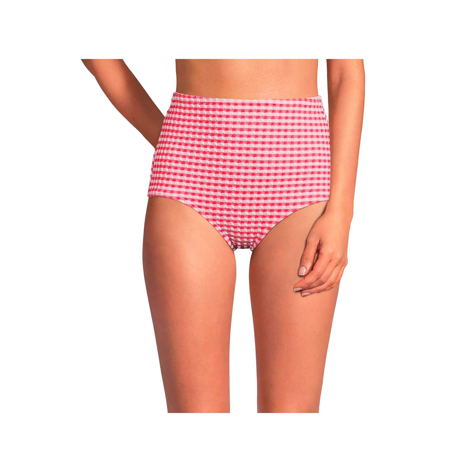 Women's Lands' End Gingham High Waisted Tummy Slimming Tugless Bikini Bottoms, Size: XS, Pink White Gingham Product Image