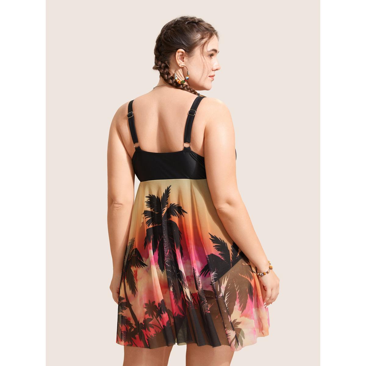 Plus Size Tropical Print Slit Hem See Through Swim Dress Women's Swimwear Multicolor Beach Bodycon Overlap Collar High stretch Curve Swim Dresses BloomChic 12/L Product Image