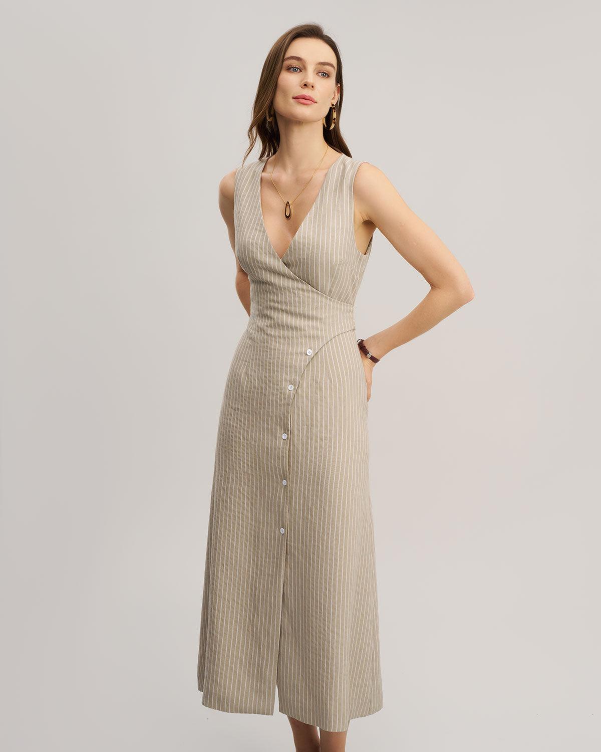 Khaki Striped V-Neck Sleeveless Maxi Dress Product Image