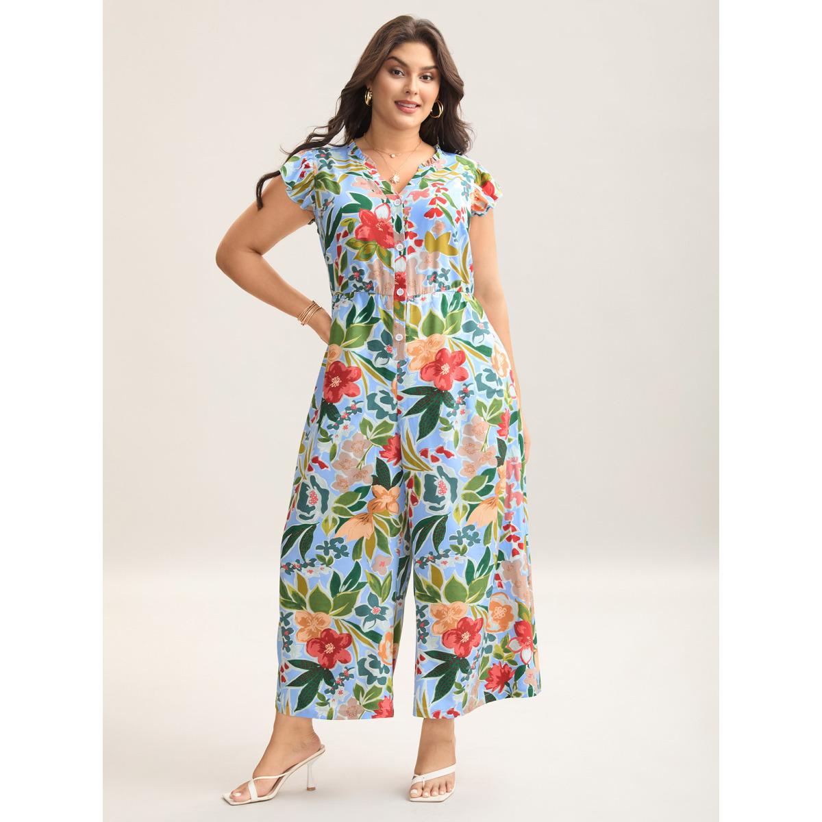 Plus Size LightBlue Sunkissed Floral Print Button Wide-Leg Jumpsuit Women Resort Cap Sleeve Notched collar Vacation Loose Jumpsuits BloomChic 14-16/1X Product Image