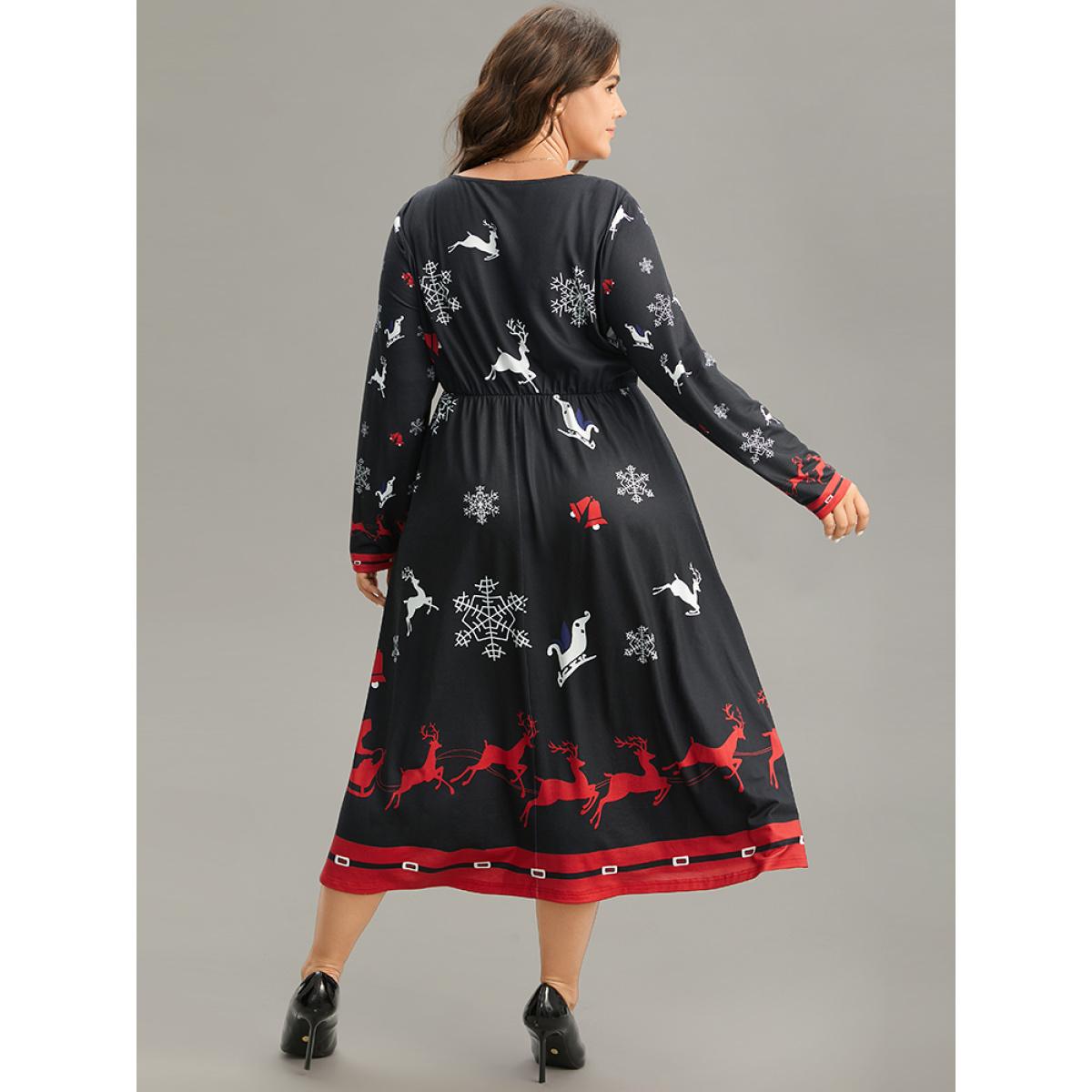 Plus Size Christmas Elk Print Contrast Elastic Waist Dress Black Women Office Printed Round Neck Long Sleeve Curvy Midi Dress BloomChic 26/4X Product Image