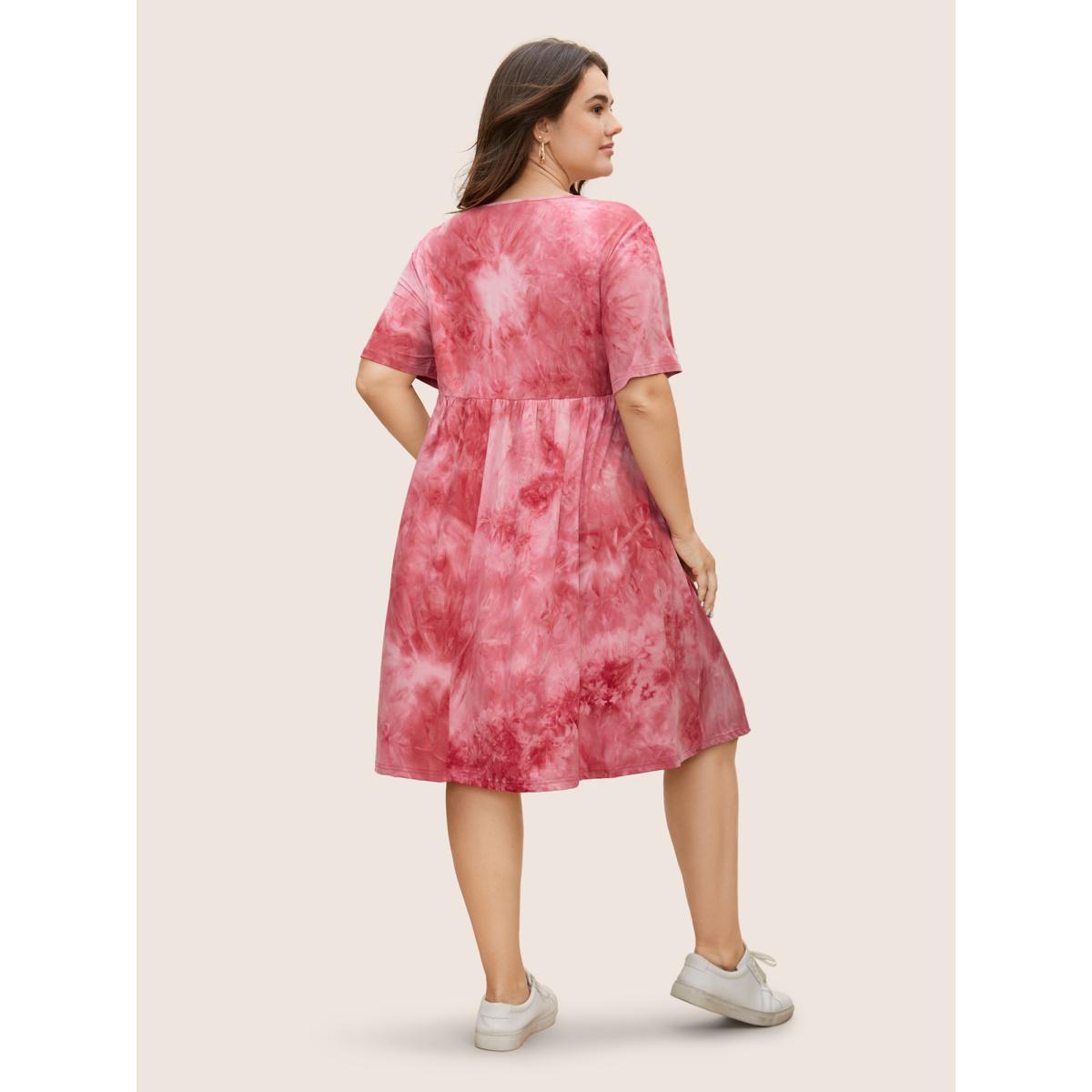 Plus Size Tie Dye Pocket Ruffle Hem Knee Dress Scarlet Women Casual Non Round Neck Short sleeve Curvy Knee Dress BloomChic 28/5X Product Image
