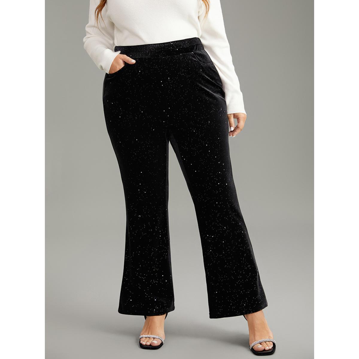 Plus Size Velvet Glitter Patchwork Pocket Flare Leg Pants Women Black Glamour Flare Leg High Rise Festival-Christmas Pants BloomChic 22-24/3X Product Image