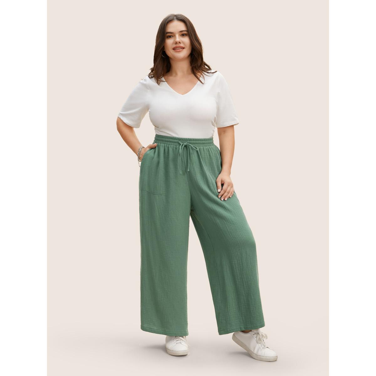 Plus Size Plain Textured Drawstring Wide Leg Pants Women Emerald Casual Wide Leg Mid Rise Everyday Pants BloomChic 10/M Product Image
