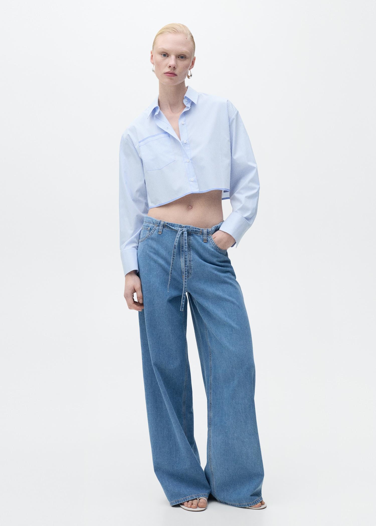 Wide-leg denim pants with belt - Women | MANGO USA Product Image