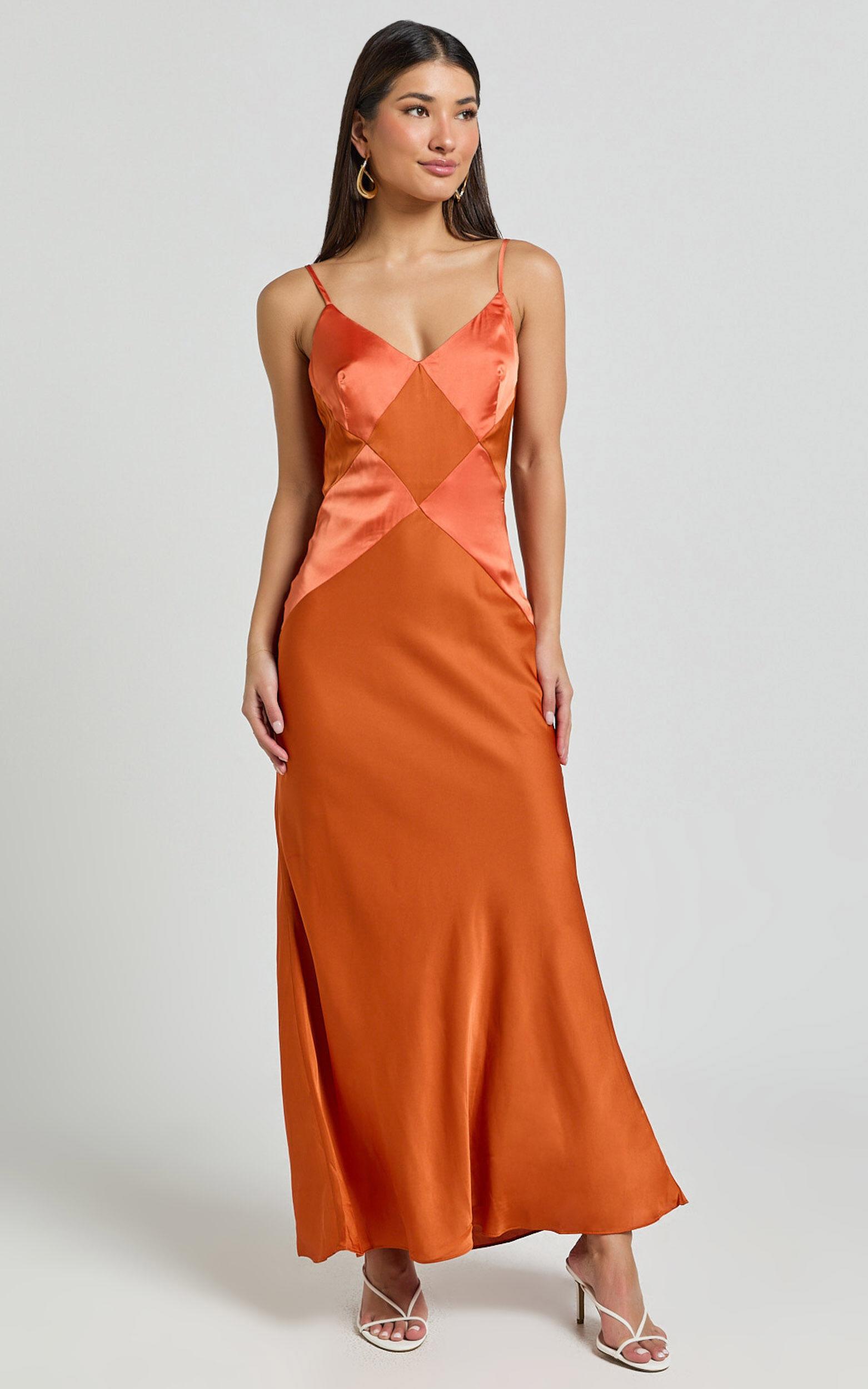 Amira Midi Dress - V Neck Sleeveless Slip Dress in Orange Product Image