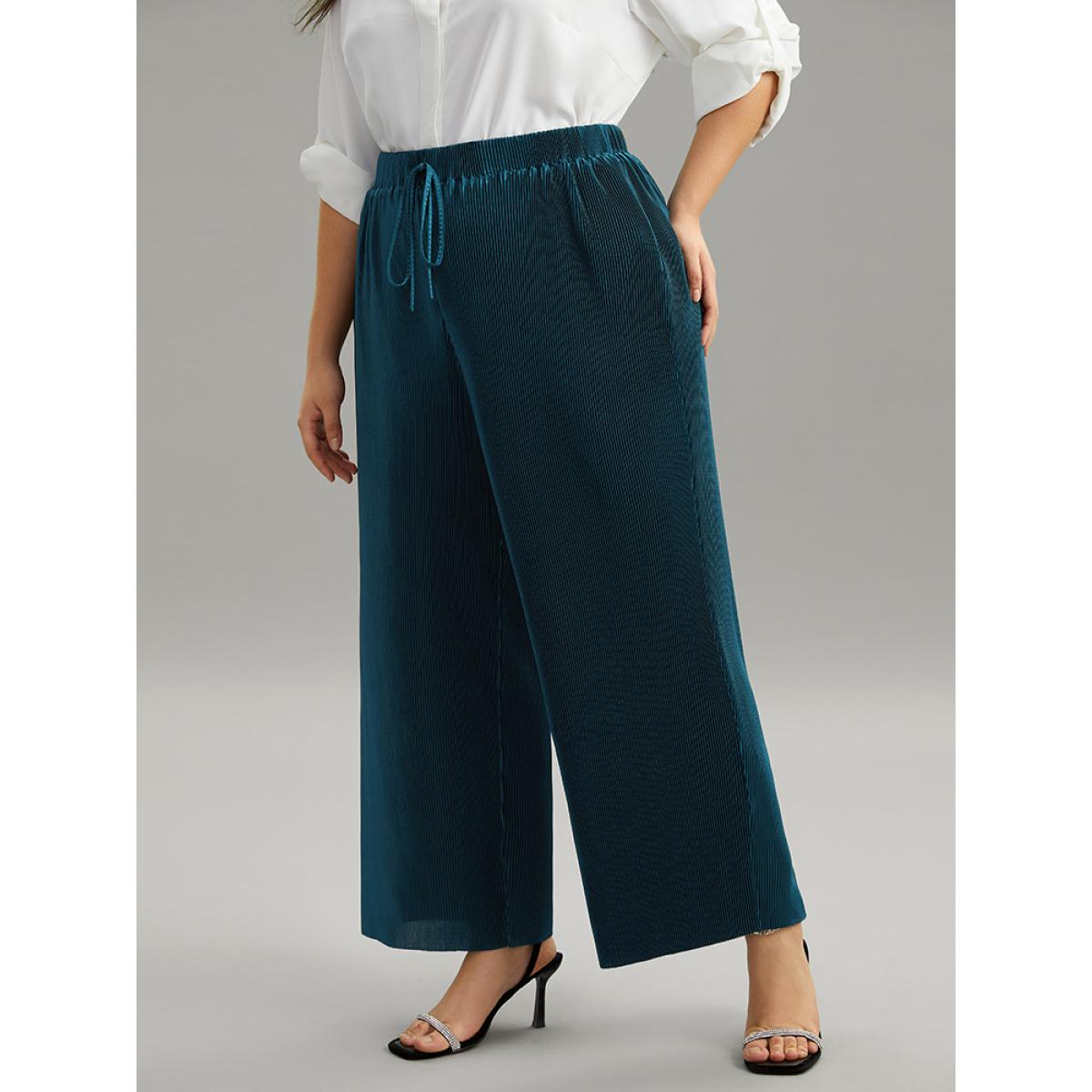 Plus Size Solid Ties Plested Straight Leg Pants Women Cyan Office Wide Leg High Rise Dailywear Pants BloomChic 22-24/3X Product Image