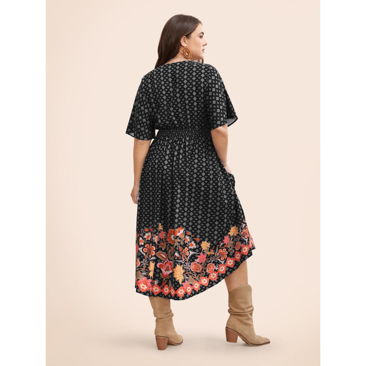 Plus Size Boho Print Shirred Pleated Dolman Sleeve Dress BlackFlower Women Resort Pleated V-neck Half Sleeve Curvy BloomChic 14-16/1X Product Image