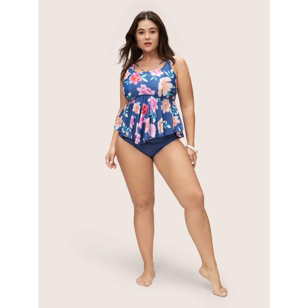 Plus Size Floral Ruffle Hem Adjustable Straps One Piece Swimsuit Women's Swimwear Cerulean Beach Non Curve Bathing Suits High stretch One Pieces BloomChic 10/M Product Image