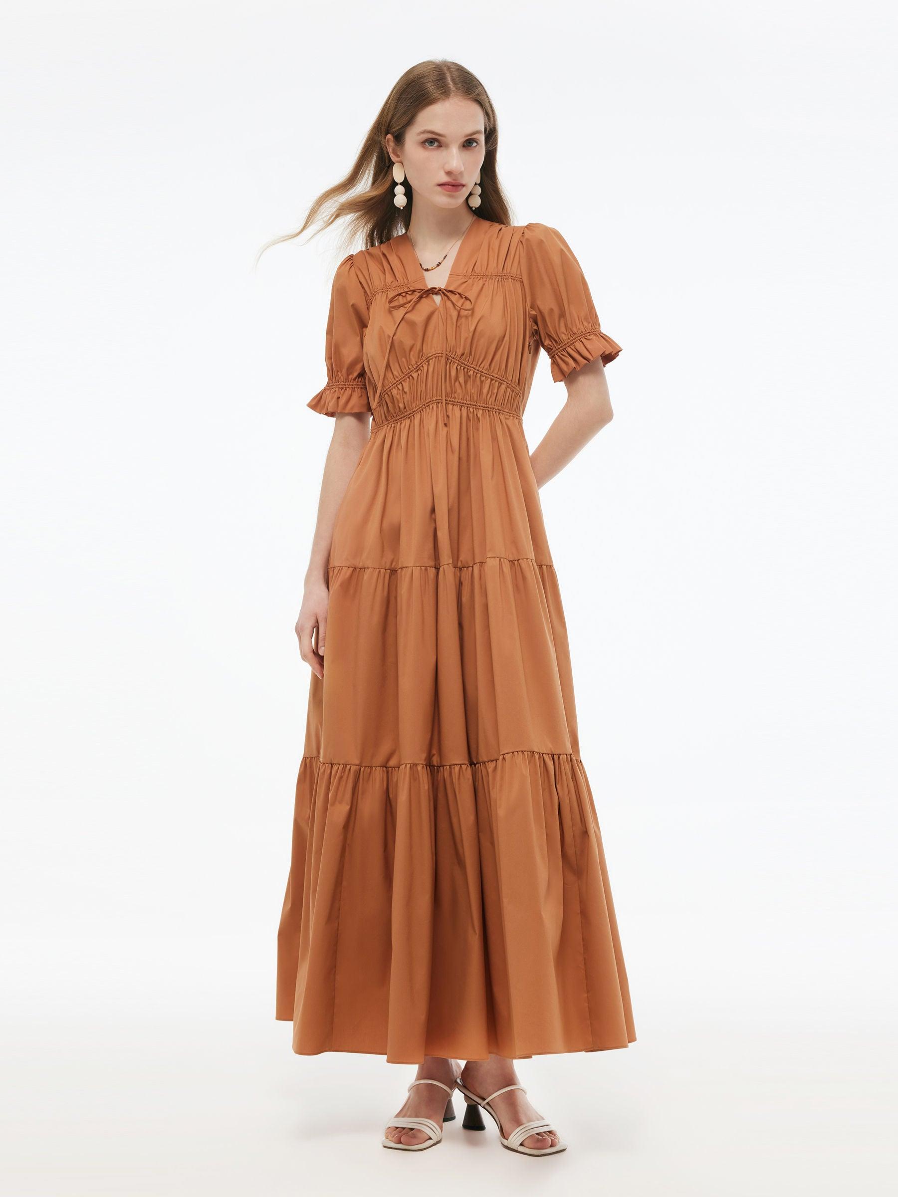 Drawstring Tie Front Women Tiered Maxi Dress Product Image