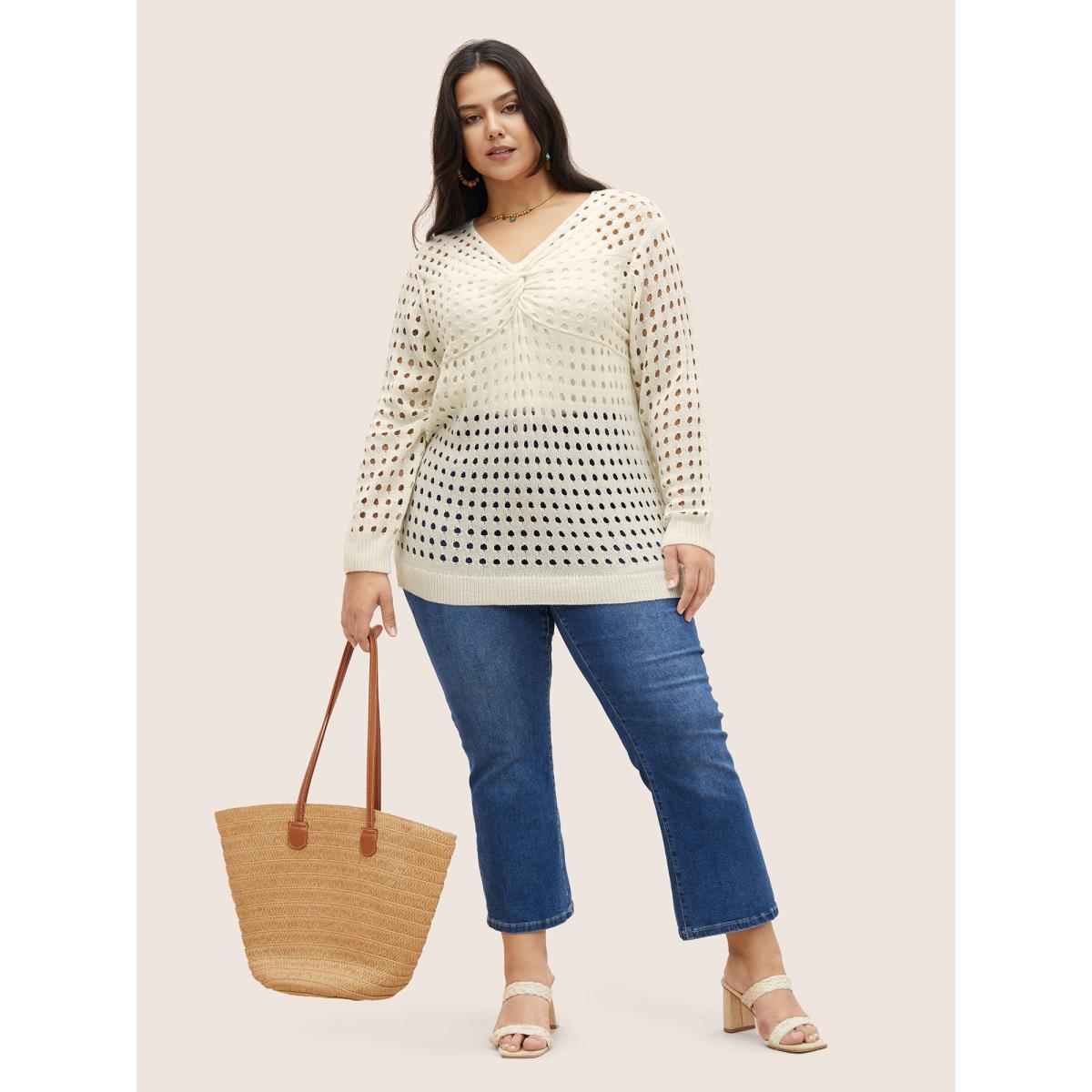 Plus Size Twist Front Pointelle Knit Split Hem Pullover Ivory Women Casual Long Sleeve Deep V-neck Everyday Pullovers BloomChic 30/6X Product Image