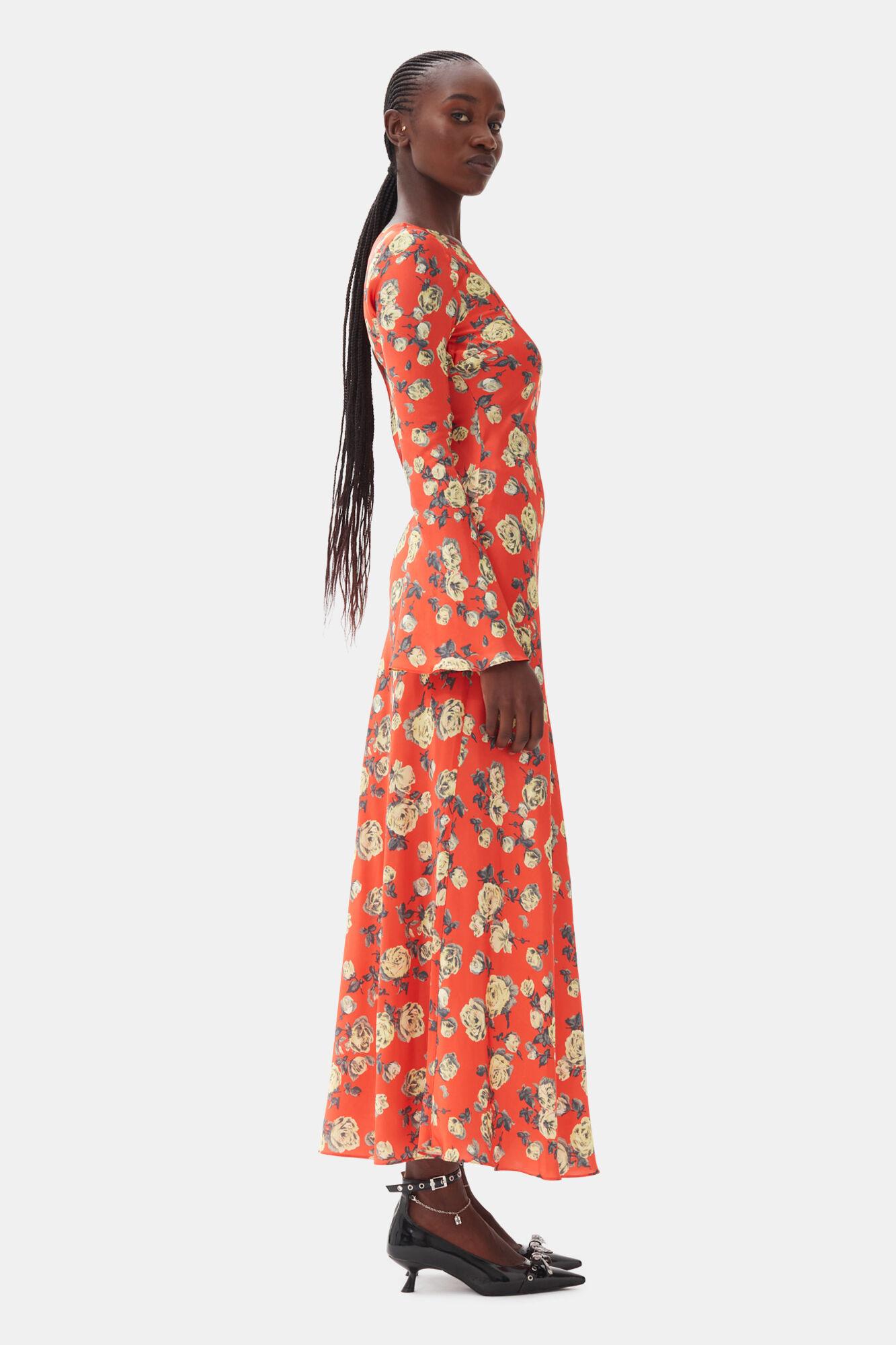 Orange Floral Printed Satin Maxi Dress Product Image