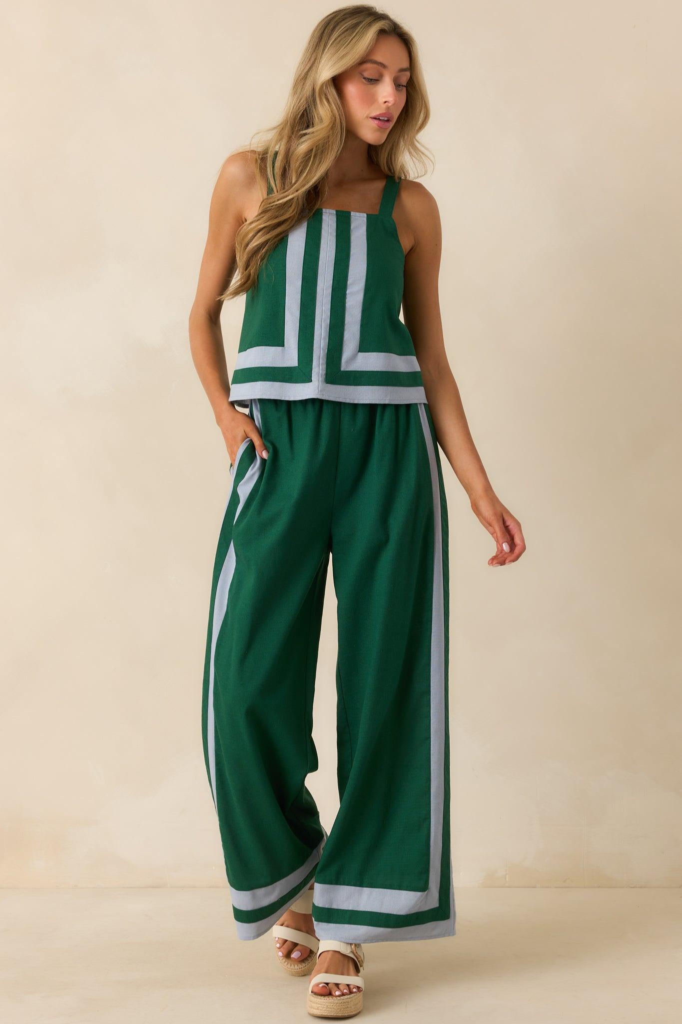She Always Knows Green Contrast Trim Linen Blend Wide Leg Pants L / Green Product Image