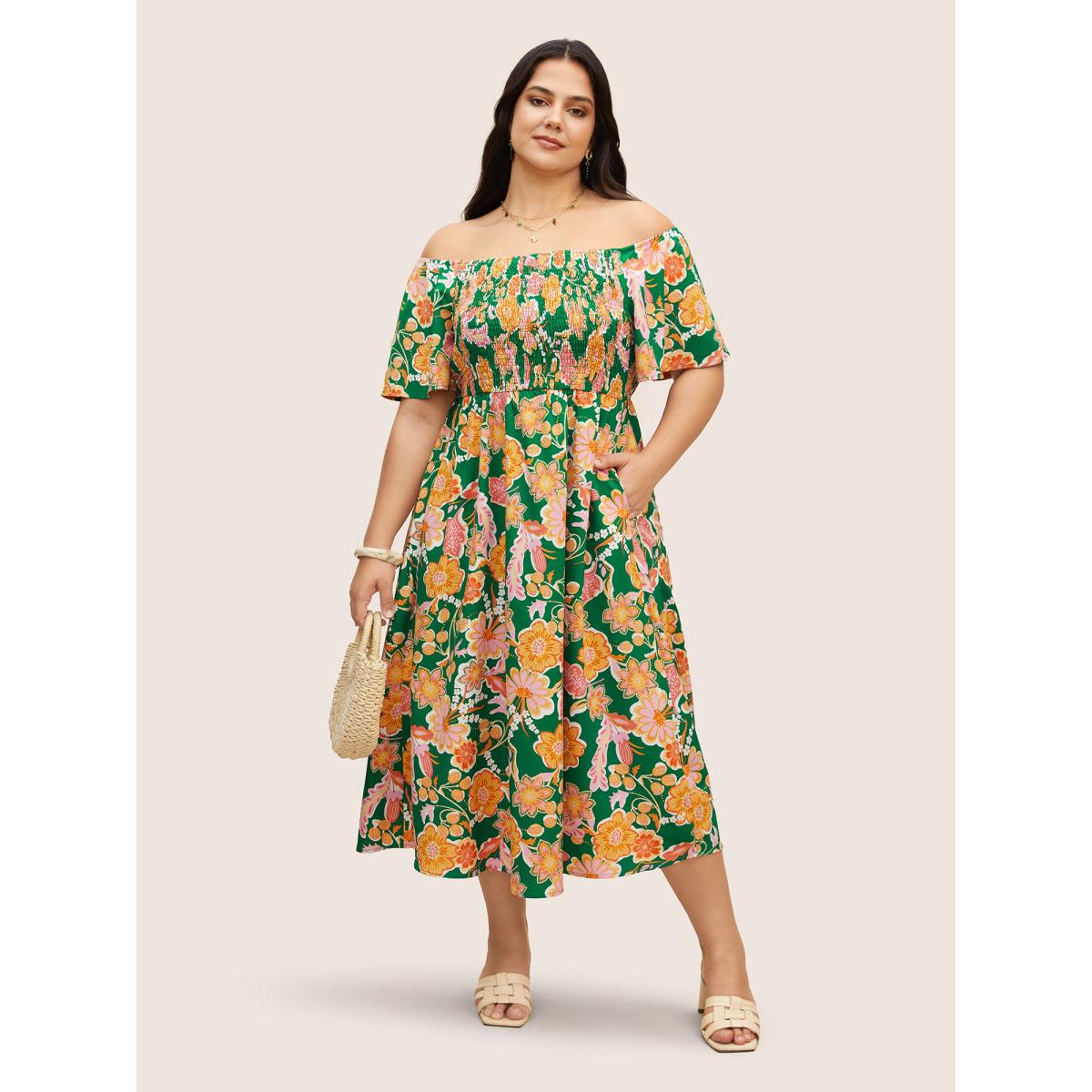 Plus Size Floral Shirred Off Shoulder Flutter Sleeve Dress Green Women Resort Shirred One-shoulder neck Short sleeve Curvy BloomChic 14-16/1X Product Image