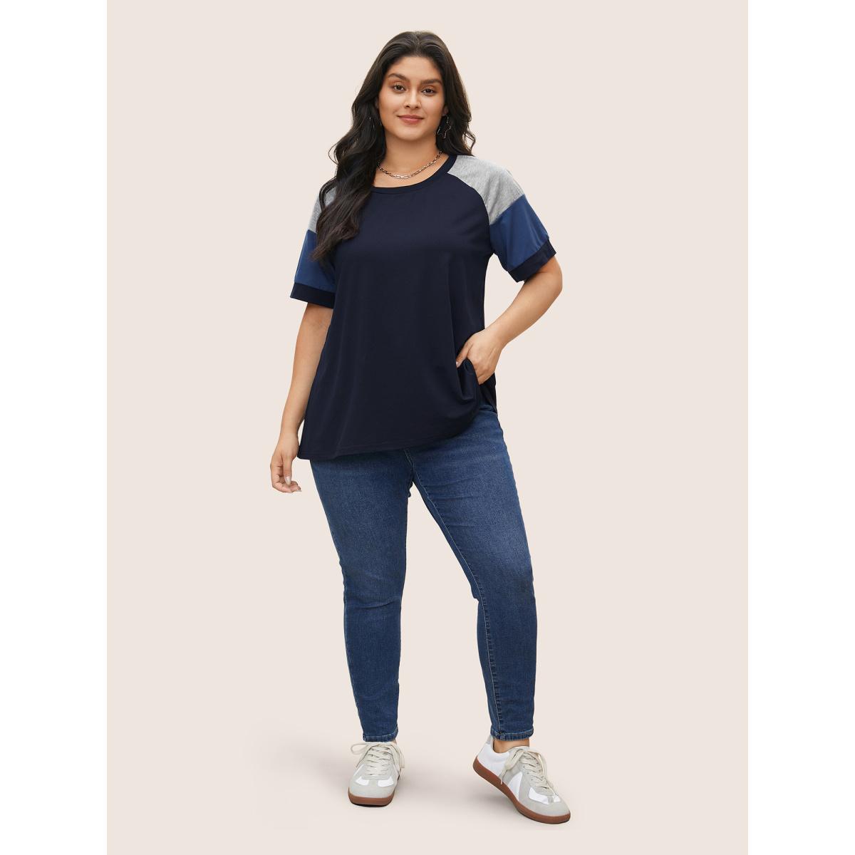 Plus Size Colorblock Contrast Crew Neck Raglan Sleeve T-shirt Indigo Women Leisure Contrast Colorblock Casual T-shirts BloomChic 10/M Product Image