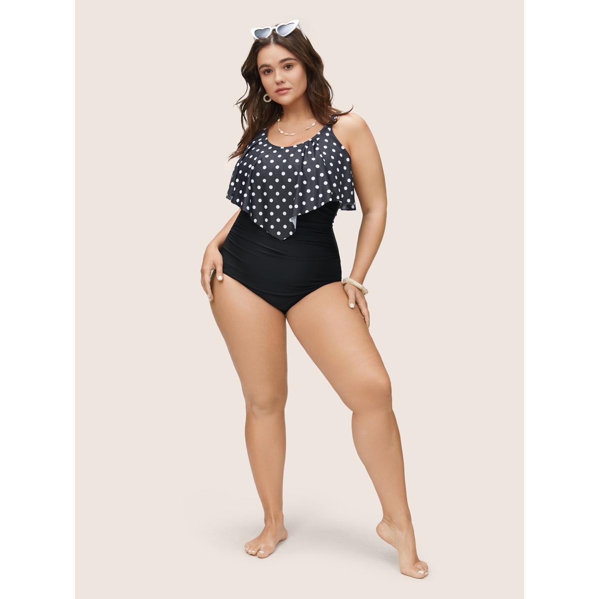 Plus Size Polka Dot Patchwork Ruffles Gathered One Piece Swimsuit Women's Swimwear Black Beach Non Curve Bathing Suits High stretch One Pieces BloomChic 26/4X Product Image