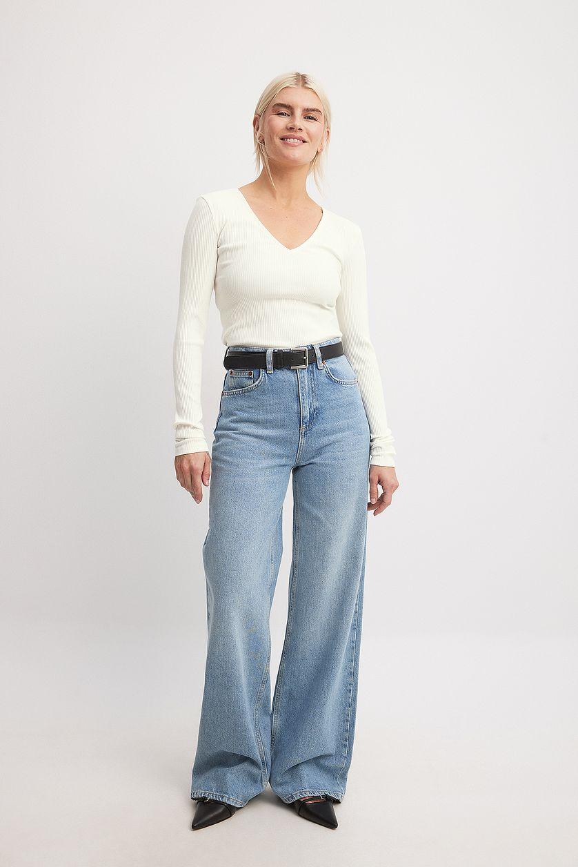 V-Neck Ribbed Long Sleeve Top Product Image