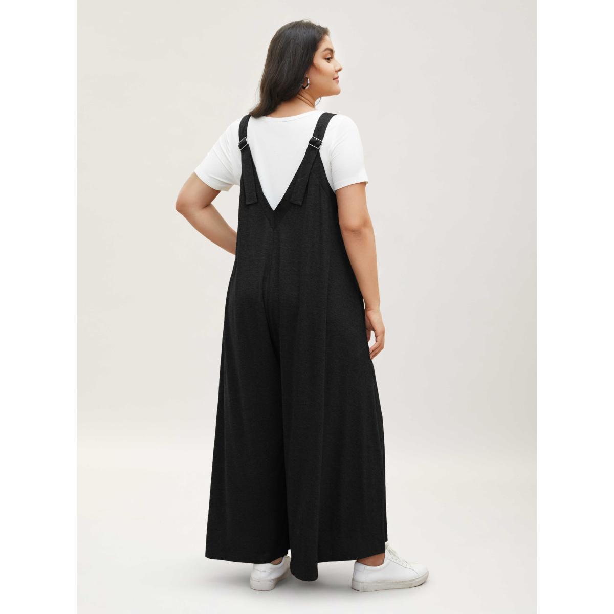 Plus Size Black Supersoft Essentials Solid Pocket Adjustable Straps Jumpsuit Women Leisure Sleeveless Non Casual Loose Jumpsuits BloomChic 30/6X Product Image