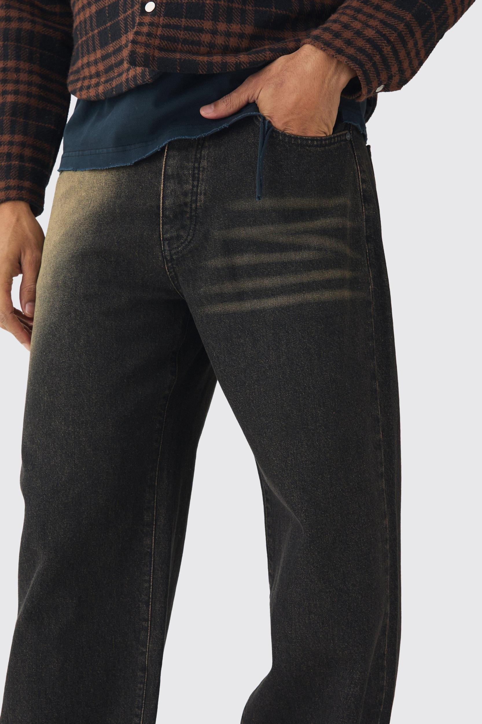 Relaxed Brown Spray Wash Cuffed Hem Jeans | boohooMAN USA Product Image