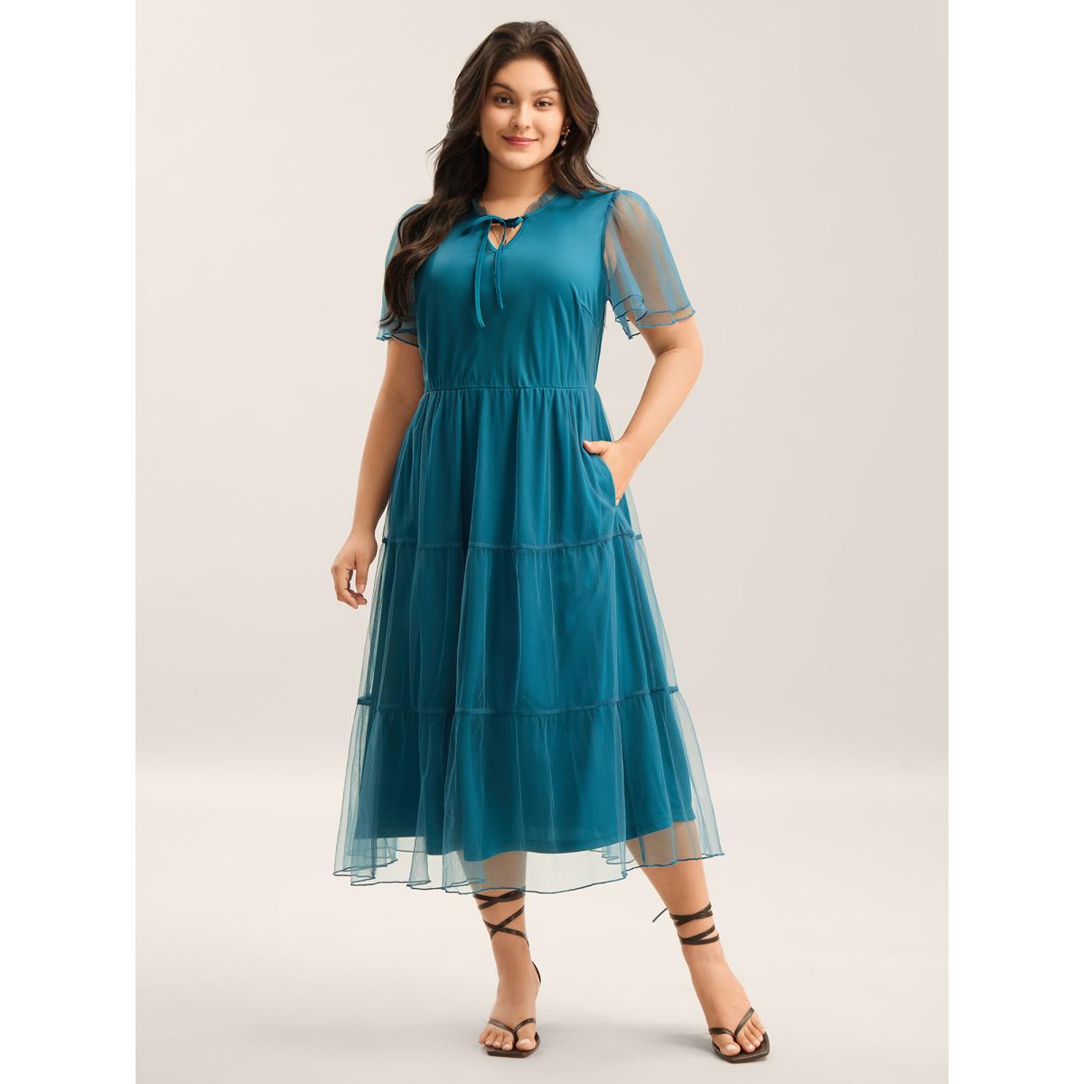 Plus Size Stretchy Waist Neck Tie Sheer Midi Dress Teal Women Flat collar with V-notch Short sleeve Curvy BloomChic 30/6X Product Image