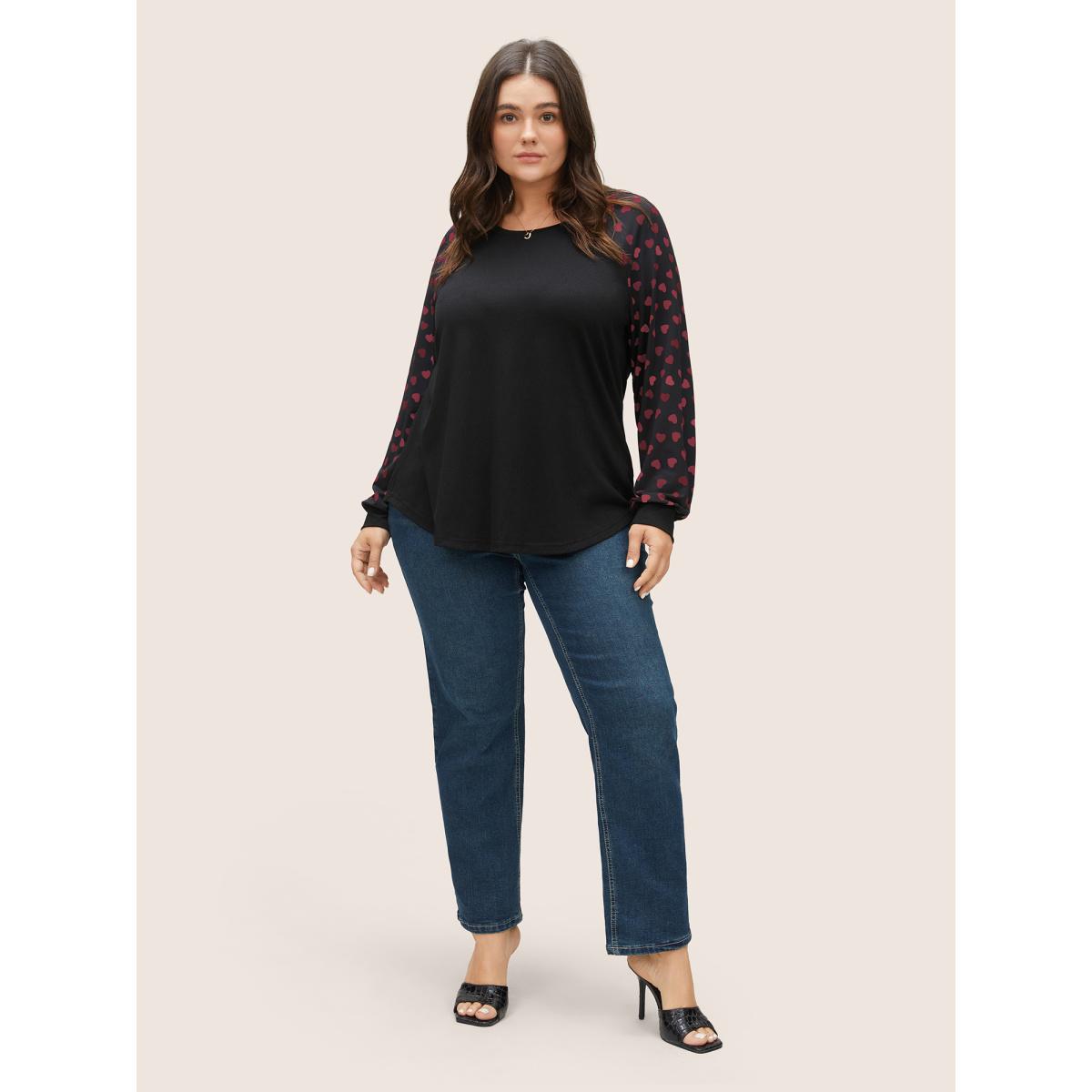 Plus Size Colour Heart Print Raglan Sleeve T-shirt Multicolor Women Timeless Non Heart Print Round Neck Elegant T-shirts BloomChic 28/5X Product Image