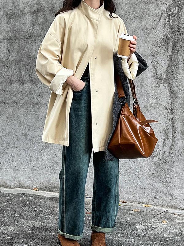 Long Sleeves Loose Pockets Solid Color Stand Collar Outerwear Trench Coats Product Image