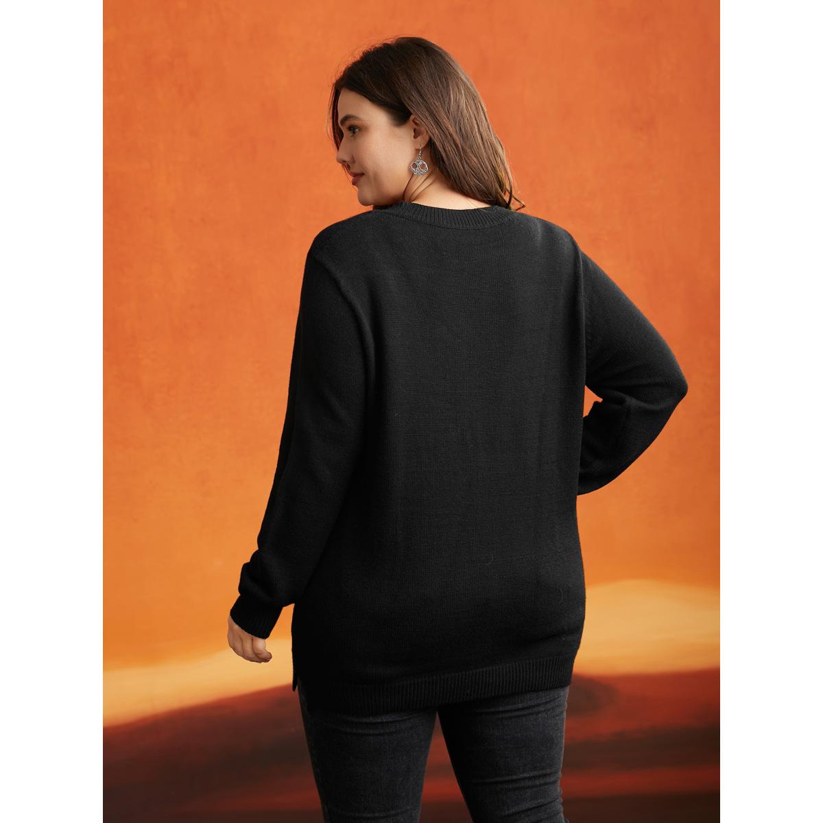 Plus Size Mink Touch Ghost Printed Pullover Black Women Playful Long Sleeve V-neck Casual Pullovers BloomChic 18-20/2X Product Image