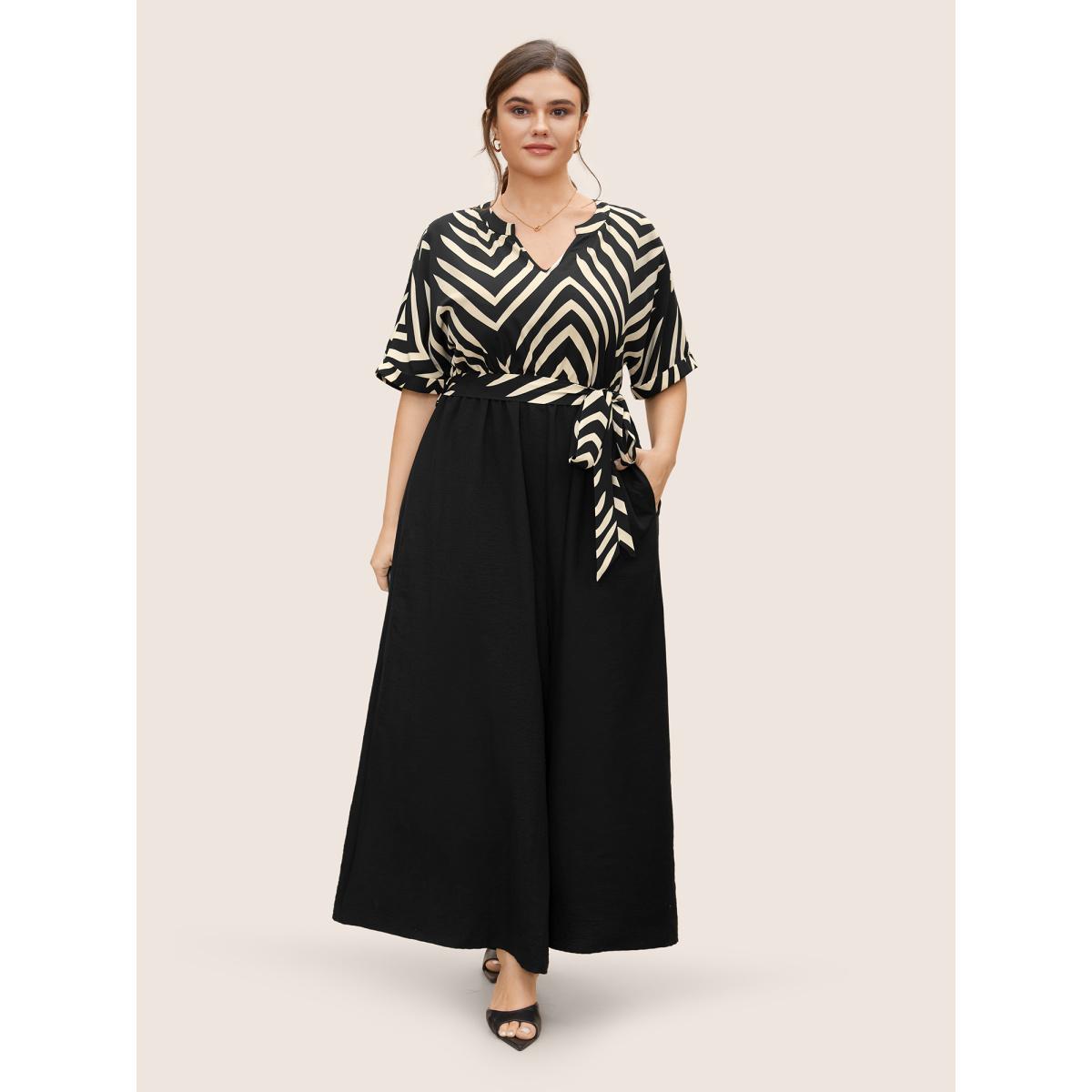 Plus Size Black Striped Patchwork Knot Cuffed Sleeve Jumpsuit Women Work From Home Half Sleeve Flat collar with V-notch Office Loose Jumpsuits BloomChic 30/6X Product Image