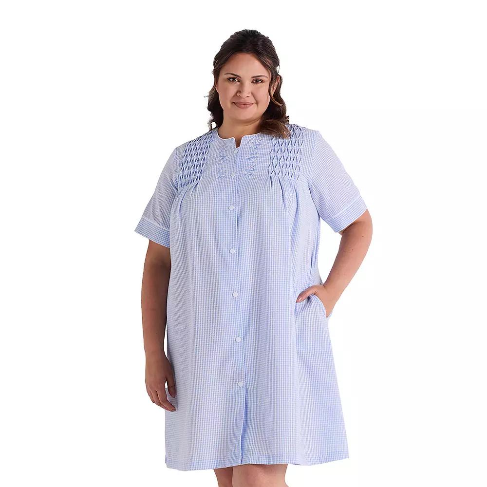 Plus Size Miss Elaine Essentials Seersucker Short Snap Robe, Women's, Size: 2XL, Blue White Check Product Image