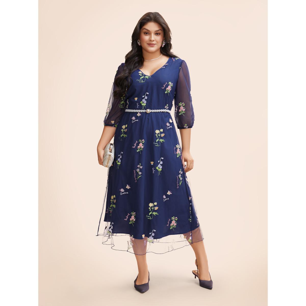 Plus Size Floral Embroidered Mesh Patchwork Lantern Sleeve Dress Indigo Women Formal Texture V-neck Elbow-length sleeve Curvy BloomChic 14-16/1X Product Image