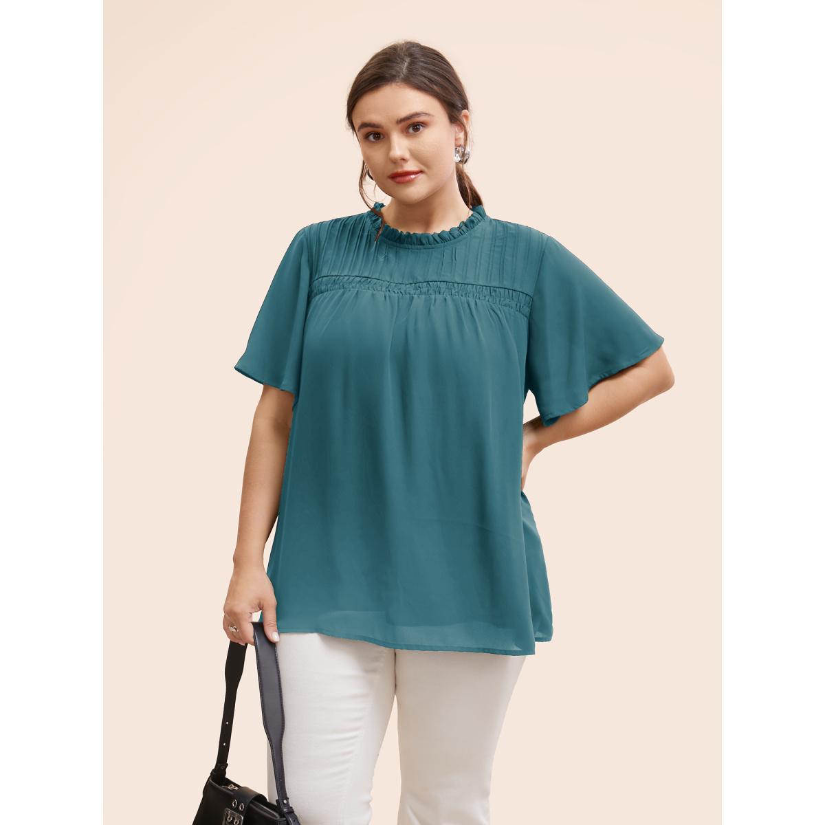 Plus Size DarkGreen Anti-Wrinkle Shirred Ruffle Sleeve Mesh Frill Trim Blouse Women Office Short sleeve Stand-up collar Office Blouses BloomChic 26/4X Product Image