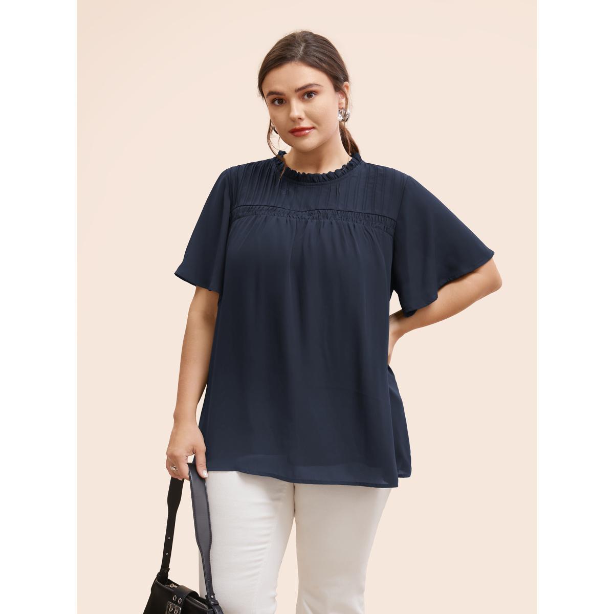Plus Size DarkGreen Anti-Wrinkle Shirred Ruffle Sleeve Mesh Frill Trim Blouse Women Office Short sleeve Stand-up collar Office Blouses BloomChic 26/4X Product Image