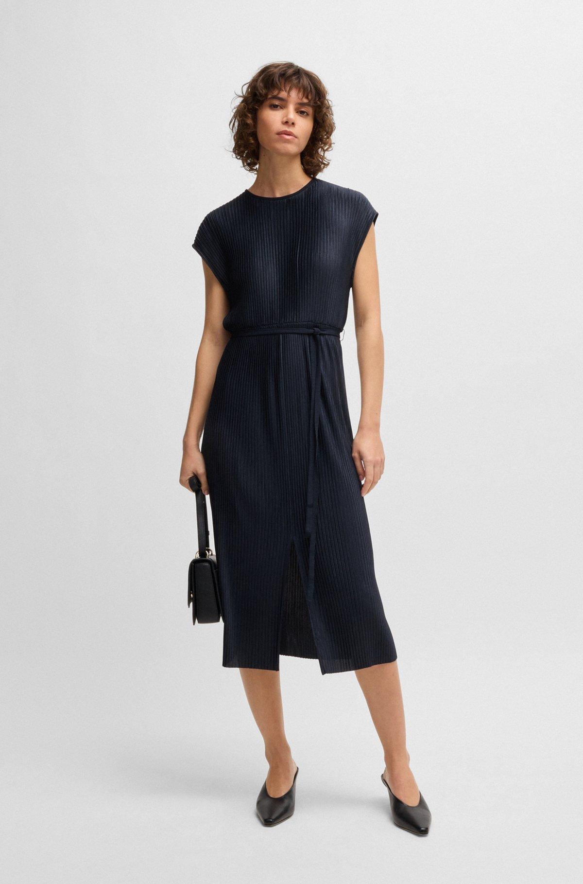 Belted sleeveless dress in high-shine plissé Product Image