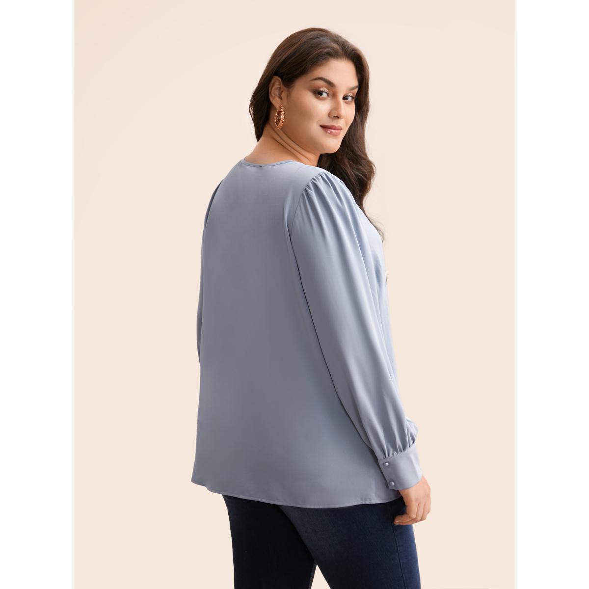 Plus Size Stone Plain Broderie Anglaise Gathered Blouse Women Elegant Long Sleeve Asymmetrical Neck Everyday Blouses BloomChic 26/4X Product Image