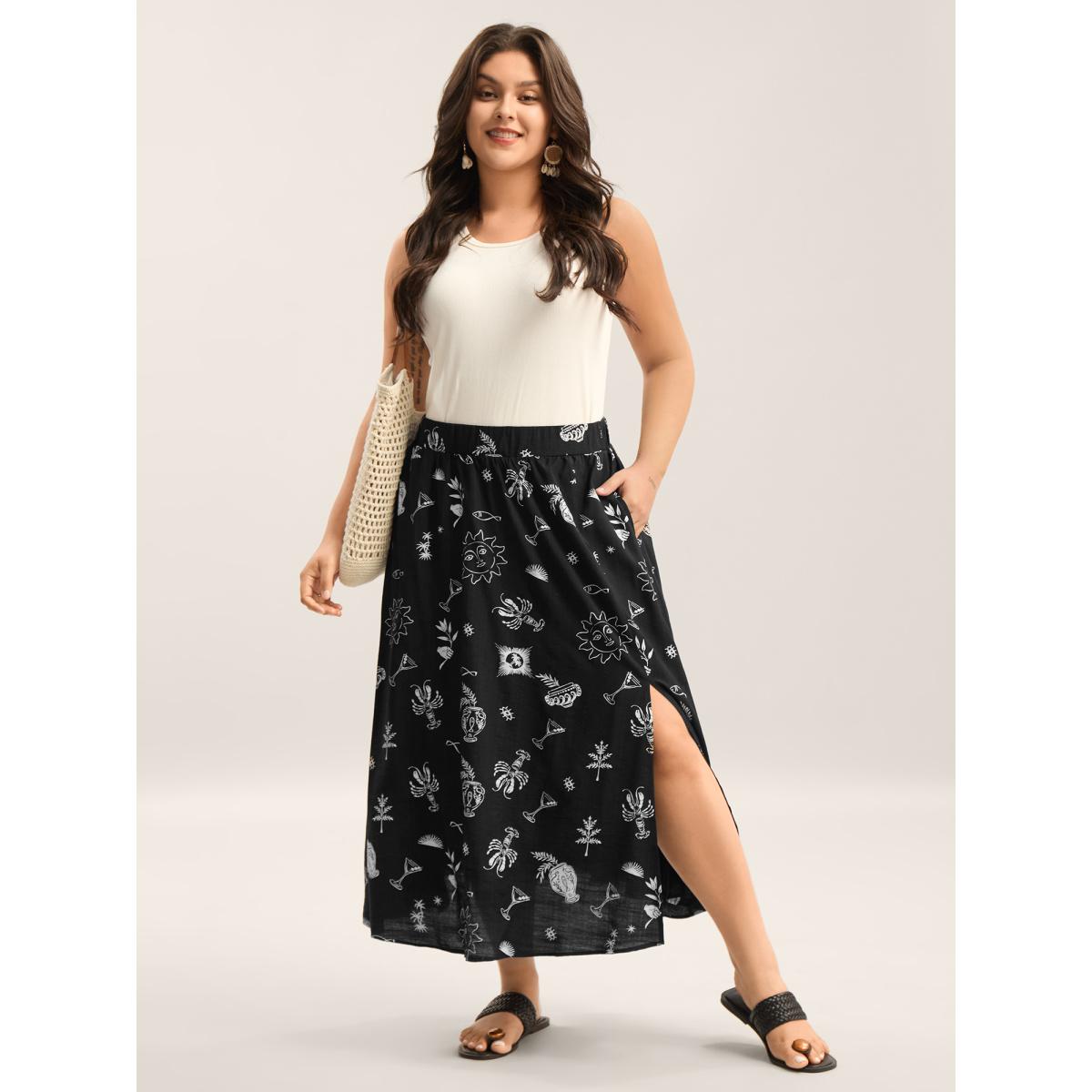 Plus Size Sunny Dance Printed Slit Maxi Skirt Women Black Beach Loose No stretch Side seam pocket Vacation Skirts BloomChic 18-20/2X Product Image