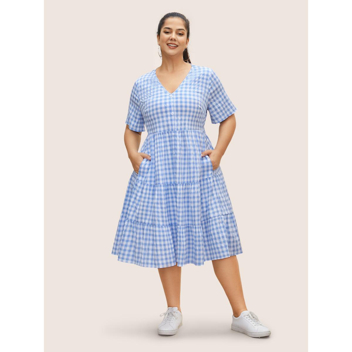 Plus Size Gingham Button Detail Ruffle Layered Hem Dress LightBlue Women Casual Button V-neck Short sleeve Curvy BloomChic 30/6X Product Image