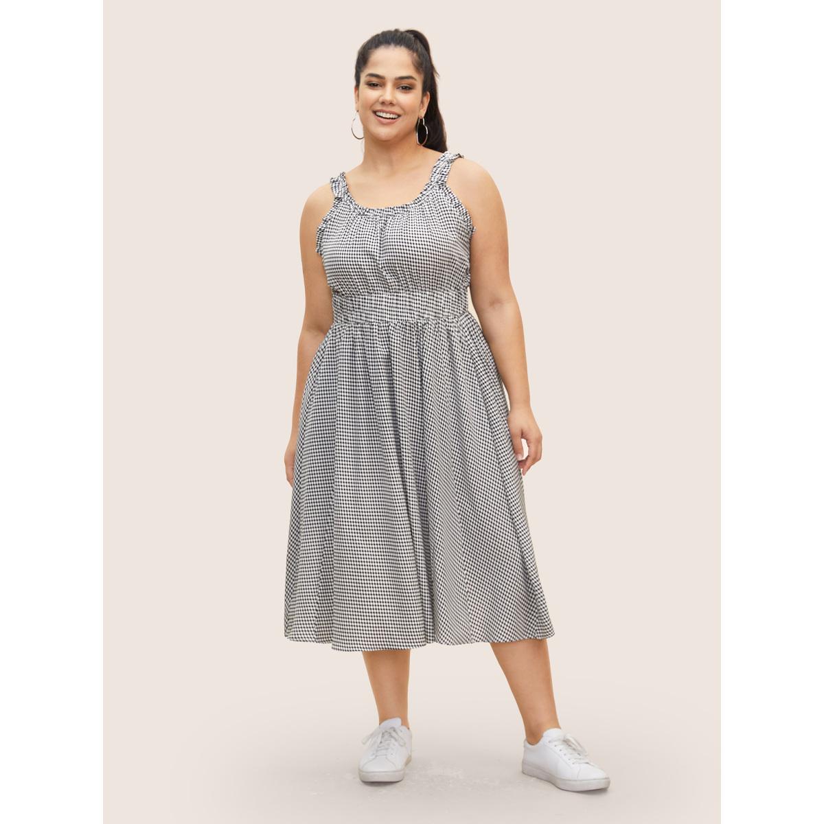 Plus Size Gingham Frill Trim Gathered Midi Dress Black Women Casual Gathered Round Neck Sleeveless Curvy BloomChic 14-16/1X Product Image