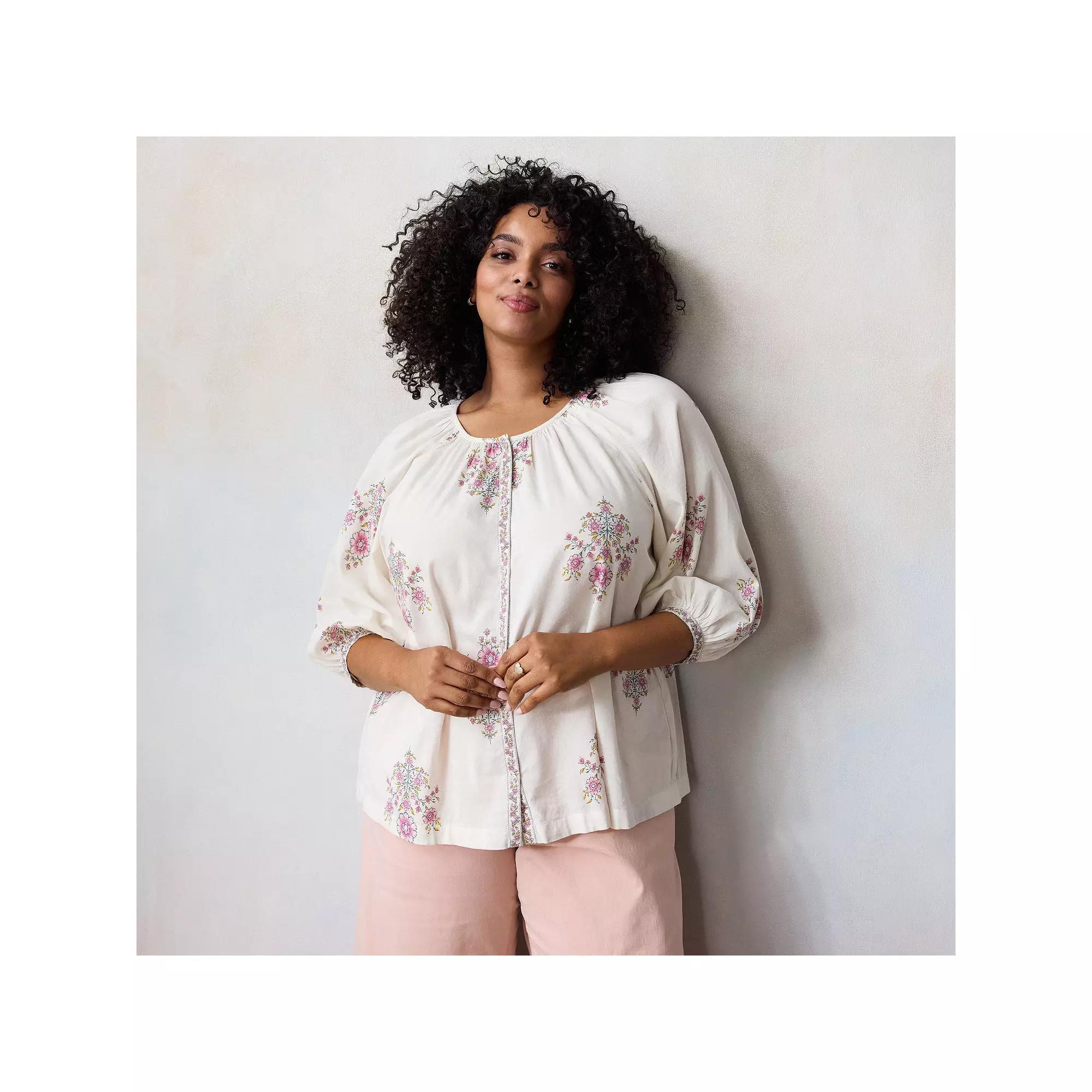 Plus Size LC Lauren Conrad Raglan Sleeve Button Front Peasant Top, Women's, Size: 0X, Ivory Silk Product Image