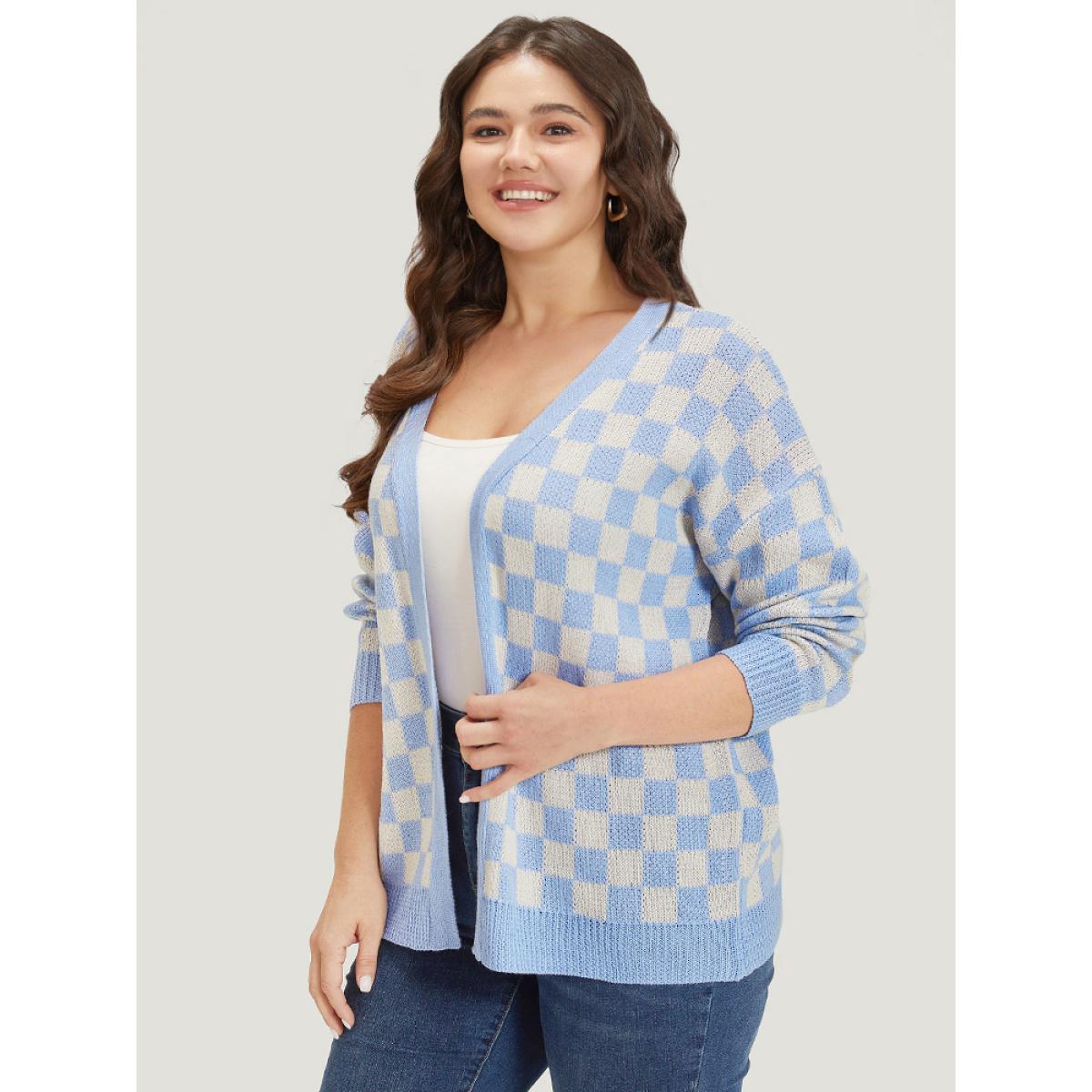 Plus Size Plaid Print Open Front Elastic Cuffs Cardigan LightBlue Women Casual Loose Long Sleeve Dailywear Cardigans BloomChic 22-24/3X Product Image