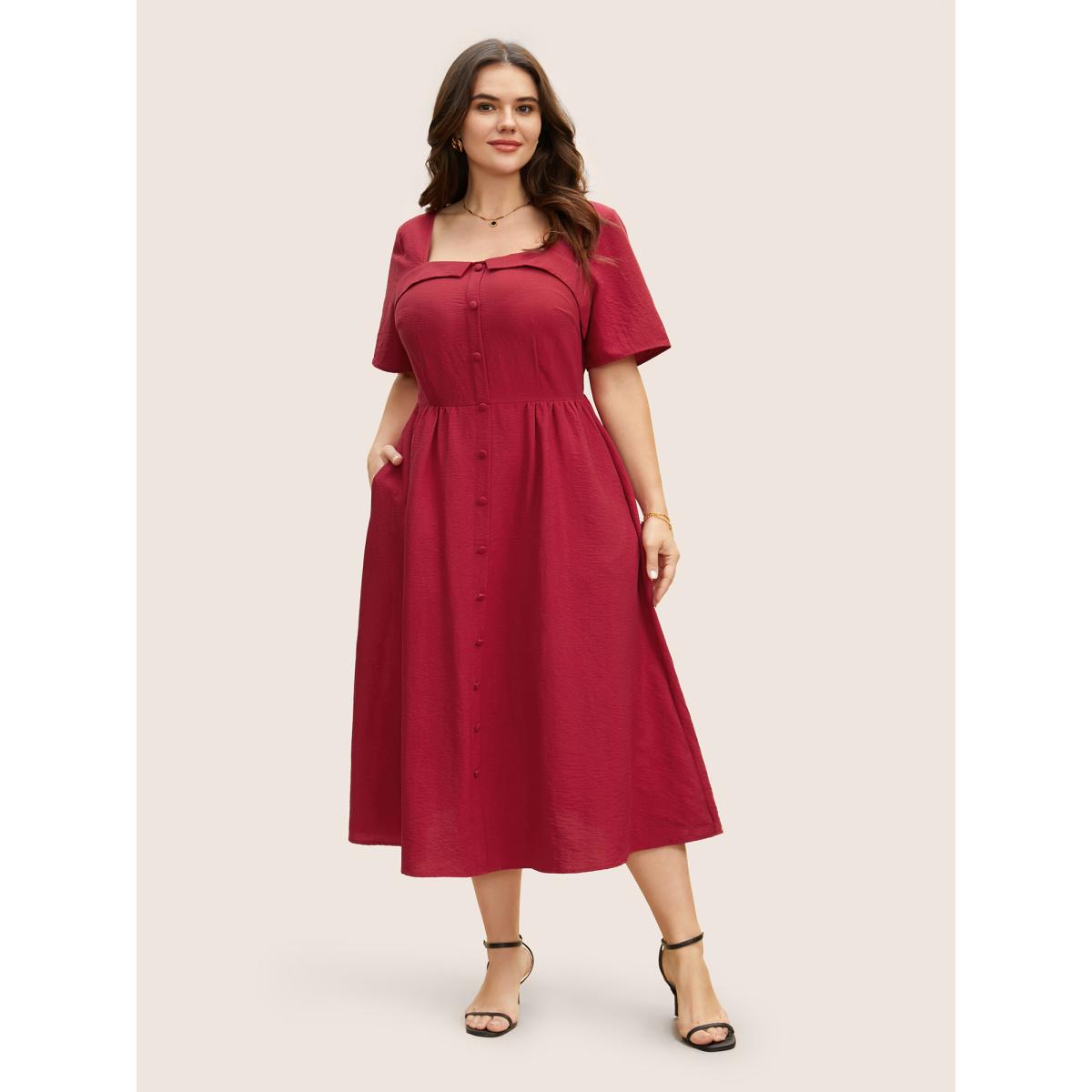 Plus Size Solid Square Neck Button Detail Midi Dress Scarlet Women Elegant Gathered Square Neck Short sleeve Curvy BloomChic 18-20/2X Product Image
